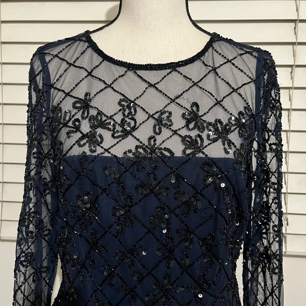 Adrianna Papell Navy Beaded Long Sleeve Sheer Yoke Dress - Picture 4 of 7